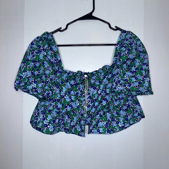 Zara blue green floral puff sleeve back zip crop top size large - Picture 4 of 6